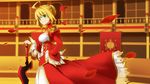  aestus_estus ahoge blonde_hair breasts fate/extra fate_(series) green_eyes hair_ribbon hand_on_hilt hand_on_hip highres looking_at_viewer medium_breasts nero_claudius_(fate) nero_claudius_(fate)_(all) petals ribbon smile solo sword weapon wind yakitori_(oni) 