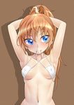  adjusting_hair armpits bikini_top blue_eyes blush breasts brown_background covered_nipples houjou_hibiki kanichiri long_hair mouth_hold orange_hair ponytail precure small_breasts smile solo suite_precure tying_hair 