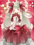  bad_id bad_pixiv_id checkerboard_cookie closed_eyes cookie cup food gloves green_hair hair_ribbon hatsune_miku highres long_hair necktie ribbon skirt smile solo sugar_cube teacup twintails umeko_(kanmikan-minmin) very_long_hair vocaloid 