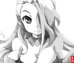  breasts cleavage face gofu greyscale hair_over_one_eye kondou_isami_(sengoku_collection) long_hair looking_at_viewer medium_breasts monochrome sengoku_collection sketch smile solo spot_color traditional_media 