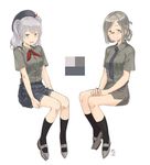  2girls artist_name black_legwear breasts brown_hair collared_shirt color_guide dated folded_ponytail glasses green_eyes grey_eyes hat kantai_collection kashima_(kantai_collection) katori_(kantai_collection) kawashina_(momen_silicon) kerchief kneehighs looking_at_viewer miniskirt multiple_girls necktie no_gloves no_jacket pencil_skirt pleated_skirt shirt shirt_tucked_in side_slit silver_hair sitting skirt small_breasts smile twintails wavy_hair white_background 
