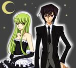  1girl bad_id bad_pixiv_id black_dress black_gloves black_hair c.c. ccllsaikou code_geass costume dress elbow_gloves gloves green_hair jewelry lelouch_lamperouge long_hair looking_at_viewer necklace purple_eyes short_hair strapless strapless_dress yellow_eyes 
