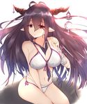  antenna_hair ayase_chisato_(ay_c1) bandaged_arm bandages bikini breasts cleavage collarbone commentary_request danua draph granblue_fantasy hair_between_eyes highres horn_ornament jewelry large_breasts lips long_hair looking_at_viewer pointy_ears purple_hair red_eyes sitting solo swimsuit white_bikini 