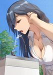  black_hair blue_sky breasts cleavage collarbone collared_shirt day drinking_fountain hair_between_eyes hair_tucking half-closed_eyes hand_in_hair leaning_forward medium_breasts open_mouth original outdoors pepe_(jonasan) plant shirt short_sleeves silver_eyes sky solo tree upper_body water white_shirt 