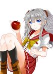  apple blue_eyes boots charlotte_(anime) food fruit koukoku long_hair school_uniform serafuku silver_hair solo tomori_nao two_side_up 