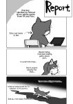  anthro cat chair comic computer english_text feline greyscale laptop mammal maririn monochrome simple_background solo text white_background 