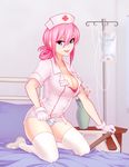  amanda_evelyn_earl bangs bed blue_eyes breasts cleavage english gloves hat hospital hospital_bed intravenous_drip kneeling large_breasts lipstick looking_at_viewer makeup my_little_pony my_little_pony_friendship_is_magic nurse nurse_cap nurse_redheart open_mouth panties personification purple_hair red_cross solo striped striped_panties thighhighs underwear white_legwear 