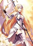  :d armor armored_boots armored_dress bare_shoulders black_legwear blonde_hair boots breasts chain choker elbow_pads emblem fate/apocrypha fate/grand_order fate_(series) feathers flag fur_trim fuyuki_(neigedhiver) gauntlets headpiece highres jeanne_d'arc_(fate) jeanne_d'arc_(fate)_(all) knee_pads large_breasts light_rays long_hair looking_at_viewer open_mouth outdoors purple_eyes smile solo sun sunlight thigh_boots thighhighs very_long_hair walking zettai_ryouiki 