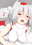 animal_ears blush breasts hat highres impossible_clothes impossible_shirt inubashiri_momiji large_breasts looking_at_viewer lying on_stomach open_mouth pom_pom_(clothes) red_eyes saliva saliva_trail shirt short_hair silver_hair skirt solo tail tatsumiya_kagari tokin_hat touhou wolf_ears wolf_tail 
