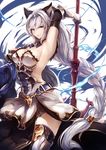  animal_ears arm_up armor armored_dress armpits artist_name belt blue_bow blue_neckwear boots bow bowtie braid breasts brown_eyes cat_ears cleavage erune gauntlets granblue_fantasy hair_between_eyes hair_tubes heles highres kyouya_(mukuro238) large_breasts long_hair looking_at_viewer low_twintails polearm side_slit sideboob silver_hair simple_background single_braid smile solo tail thigh_boots thighhighs thighs twintails very_long_hair weapon 