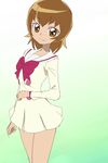  brown_eyes brown_hair gradient gradient_background green_background heartcatch_precure! highres manji_(tenketsu) myoudou_gakuen_middle_school_uniform myoudouin_itsuki precure school_uniform short_hair skirt smile solo 