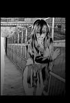  after_rape bangs black_border blouse border breasts breasts_outside bruise chain-link_fence collarbone copyright_request cowboy_shot crossed_arms crying crying_with_eyes_open dagashi_(place) facing_viewer fence greyscale hair_over_eyes injury long_hair long_sleeves medium_breasts monochrome nipples no_panties open_mouth outdoors pubic_hair railing railroad_tracks school_uniform serafuku skirt solo sweat tears torn_blouse torn_clothes torn_skirt 