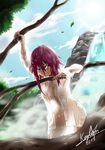  2015 absurdres blush branch breasts brown_eyes cleavage collarbone dated hair_between_eyes highres izayoi_aki keyliom large_breasts long_hair looking_at_viewer naked_shirt nature open_clothes open_mouth open_shirt red_hair see-through shirt signature solo tree water waterfall wet wet_clothes wet_hair yellow_eyes yuu-gi-ou yuu-gi-ou_5d's 