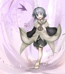  androgynous bow brilliant_pagoda_or_haze_castle brown_coat coat houlen_yabusame jandare len'en open_mouth sandals short_hair short_hair_with_long_locks shorts silver_eyes silver_hair smile solo 