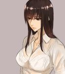  beige_background bra brown_eyes brown_hair collarbone collared_shirt expressionless hair_between_eyes half-closed_eyes lips long_hair looking_down original pepe_(jonasan) see-through shirt sidelocks simple_background solo underwear upper_body wet wet_clothes wet_shirt white_bra 