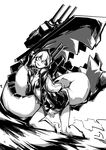  :d backpack bag bikini_top deel_(rkeg) greyscale highres hood hooded_jacket jacket kantai_collection kneeling machinery monochrome open_mouth re-class_battleship sharp_teeth shinkaisei-kan short_hair smile solo tail teeth turret 