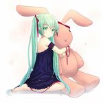  bad_id bad_pixiv_id bare_shoulders barefoot bunny frills from_side full_body hair_ribbon hatsune_miku highres hug ikataruto long_hair ribbon simple_background sitting solo stuffed_animal stuffed_bunny stuffed_toy twintails very_long_hair vocaloid wariza 