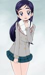  blue_eyes futari_wa_precure green_skirt hair_ornament hairclip long_hair looking_at_viewer manji_(tenketsu) plaid plaid_skirt precure purple_hair scarf school_uniform skirt smile solo verone_gakuin_school_uniform yukishiro_honoka 