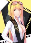  blonde_hair breasts brown_eyes cleavage digimon digimon_story:_cyber_sleuth eyewear_on_head glasses highres iandrea jewelry kuremi_kyouko long_hair looking_at_viewer medium_breasts necklace open_clothes open_shirt shirt smile solo 