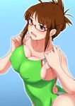  akizuki_ritsuko brown_eyes brown_hair competition_swimsuit covered_nipples folded_ponytail glasses highres idolmaster idolmaster_(classic) long_hair one-piece_swimsuit solo swimsuit tengu_(tetuo_kun) 