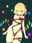  blonde_hair blush breasts flandre_scarlet green_ribbon groin hair_ornament highres holly_hair_ornament naked_ribbon navel pointy_ears red_eyes red_ribbon ribbon saple short_hair side_ponytail small_breasts solo touhou wings 