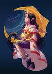  2015 absurdres alternate_costume alternate_hair_color alternate_hairstyle apple60931 black_hair celestine_soraka character_name crescent crown_removed earrings highres hooves horn jewelry league_of_legends long_hair monster_girl purple_skin sitting solo soraka yellow_eyes 