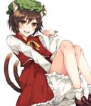  :d animal_ears bloomers brown_hair cat_ears cat_tail chen fangs hat jewelry light_brown_eyes loafers long_sleeves looking_at_viewer mob_cap multiple_tails open_mouth rinarisa shirt shoes short_hair simple_background single_earring sitting skirt skirt_set smile socks solo tail touhou underwear vest white_background white_legwear 