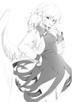  bow bowtie dress greyscale hand_on_hip jacket kishin_sagume long_sleeves maxwell_manzoku monochrome open_clothes open_mouth shirt short_dress short_hair single_wing sketch solo touhou wings 