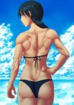  ass back bikini black_bikini black_hair blue_eyes breasts cloud cometch day from_behind hair_over_shoulder hand_on_hip long_hair looking_back medium_breasts muscle muscular_female original ponytail sideboob sky solo swimsuit 