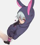  animal_hood bunny_hood foreshortening from_above hands_in_pockets hood hoodie original pepe_(jonasan) pink_eyes pink_legwear silver_hair solo 