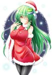  ;) \||/ ^_^ bare_shoulders blush body_blush breasts c: closed_eyes detached_sleeves dress fur_trim green_hair hair_ornament hand_to_own_mouth hat highres impossible_clothes kochiya_sanae large_breasts long_hair looking_at_viewer one_eye_closed osashin_(osada) pantyhose ribbed_sweater santa_costume santa_hat scarf short_dress smile snake_hair_ornament solo straight_hair sweater sweater_dress touhou turtleneck very_long_hair wide_sleeves yellow_eyes 