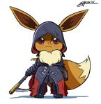  angry assassin&#039;s_creed_(series) black_footwear boots brown_fur cosplay eevee evie_frye evie_frye_(cosplay) freckles frown furry grey_hoodie hood hoodie md5_mismatch pokemon pokemon_(creature) red_eyes second-party_source shadow signature tail weapon white_background 