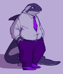  2015 belt cetacean clothed clothing fin grey_background male mammal marine mutisija necktie open_mouth orca overweight purple_eyes simple_background sketch solo standing teeth tongue whale 