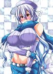  bare_shoulders blush breasts detached_sleeves hat highres large_breasts long_hair midriff misakana red_eyes ribbed_sweater silver_hair solo sweater very_long_hair vocaloid voyakiloid yowane_haku 
