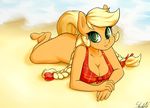  2015 anthro anthrofied applejack_(mlp) barefoot beach blonde_hair bottomless braided_hair cleavage clothed clothing earth_pony equine female freckles friendship_is_magic green_eyes hair half-dressed hi_res horse humanoid_feet long_hair looking_at_viewer lying mammal my_little_pony on_front outside plantigrade pony seaside skecchiart solo 