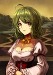  absurdres ahoge alternate_costume bangs blush breasts cleavage closed_mouth collarbone corset cross-laced_clothes fine_art_parody frilled_sleeves frills green_hair hands_together highres juliet_sleeves kazami_yuuka koissa long_sleeves looking_at_viewer medium_breasts mona_lisa neck_ribbon parody puffy_sleeves red_eyes ribbon short_hair solo touhou underbust upper_body yellow_ribbon 