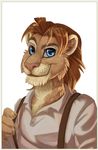  anthro blue_eyes clothed clothing evilkitty3 feline fur hair lion looking_at_viewer male mammal muscular shirt simple_background smile solo standing suspenders terril 