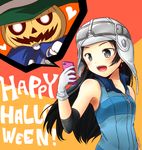  :d asahi_(shin_megami_tensei_iv_final) black_eyes black_hair capelet cellphone earrings evergreen_(kate) gloves glowing glowing_eyes halloween happy_halloween hat heart helmet holding holding_phone jack-o'-lantern jewelry open_mouth phone pyro_jack shin_megami_tensei shin_megami_tensei_iv_final shoulder_pads smile upper_body vest white_gloves 