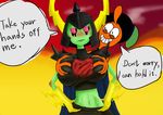  armor big_breasts blush breast_fondling breasts clothed clothing dialogue fondling green_skin hand_on_breast helmet lord_dominator smile wander wander_over_yonder 