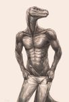  2015 abs anthro athletic claws clothed clothing erection front_view half-dressed humanoid_penis klongi lizard looking_at_viewer male monochrome muscular nude pecs penis reptile scales scalie simple_background solo standing topless 