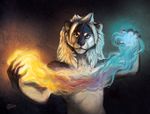  12 black_and_white black_sclera blue_fire fantasy feline fire goldendruid heterochromia lion magic mammal monochrome powers 