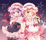  2girls ;d alternate_costume aogiri_sei apron arm_up bangs black_legwear blonde_hair bloomers blouse commentary_request contrapposto cowboy_shot curled_fingers enmaided fang flandre_scarlet flower gradient gradient_background hair_flower hair_ornament hand_holding hat hat_ribbon interlocked_fingers lavender_hair light_particles looking_at_viewer maid mob_cap multiple_girls one_eye_closed open_hand open_mouth pantyhose petticoat pink_blouse pink_neckwear pink_ribbon pink_skirt pointy_ears puffy_short_sleeves puffy_sleeves red_eyes remilia_scarlet ribbon short_hair short_sleeves siblings side_ponytail sisters skirt smile star striped striped_blouse striped_hat striped_skirt thighhighs touhou underwear waist_apron white_legwear wrist_cuffs yellow_neckwear yellow_ribbon 