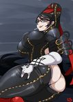  ass ass_cutout backless bayonetta bayonetta_(character) black_hair blue_eyes bodysuit breasts candy elbow_gloves female glasses gloves hair_ribbon highres large_breasts lightsource lollipop long_hair looking_at_viewer lying mole mole_under_mouth on_side ribbon skindentation solo very_long_hair 