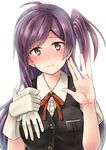  ahoge gloves gloves_removed hagikaze_(kantai_collection) hand_up highres jewelry kamelie kantai_collection long_hair neck_ribbon one_side_up purple_hair red_ribbon ribbon ring single_glove smile solo vest wedding_band white_gloves 