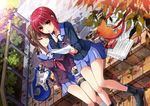  angel_beats! ankle_boots bangs black_footwear blue_skirt boots box brand_name_imitation brown_hair cable can cardigan closed_mouth digital_media_player dutch_angle earphones electric_guitar eyebrows eyebrows_visible_through_hair finger_to_mouth guitar hisako_(angel_beats!) holding holding_paper instrument iwasawa kitkat leaf leaning_on_person leaning_to_the_side long_sleeves looking_at_viewer miniskirt multiple_girls outdoors paper parted_lips pavement pleated_skirt railing red_eyes red_hair school_uniform serafuku shade shared_earphones sheet_music short_hair shushing sitting sitting_on_stairs skirt sleeping smile soda_can stairs tazu thigh_strap tree 