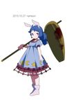  animal_ears blood bloody_weapon blue_dress blue_hair bunny_ears dress full_body highres kine long_hair looking_at_viewer mallet multi-tied_hair namauni over_shoulder ponytail puffy_short_sleeves puffy_sleeves red_eyes seiran_(touhou) short_sleeves smile solo touhou weapon 