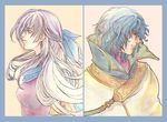  1girl bare_shoulders blue_hair blue_scarf colored_pencil_(medium) come-sta dress fire_emblem fire_emblem:_akatsuki_no_megami hair_ribbon half_updo long_hair micaiah millipen_(medium) pelleas ribbon robe scarf silver_hair sleeveless sleeveless_dress traditional_media yellow_eyes 