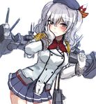  beret blush breasts double-breasted epaulettes fuji_fujino gloves hand_on_own_cheek hat kantai_collection kashima_(kantai_collection) large_breasts long_hair military military_uniform miniskirt pleated_skirt purple_eyes silver_hair simple_background skirt solo turret twintails uniform white_background white_gloves 