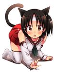  :&lt; all_fours animal_ears bare_shoulders black_hair blush breasts cat_ears cat_girl cat_tail crawling detached_sleeves headband japanese_clothes kantai_collection kemonomimi_mode looking_at_viewer medium_breasts miko nagara_(kantai_collection) one_side_up open_mouth pleated_skirt red_skirt school_uniform serafuku short_hair sk02 skirt solo sparkle tail thighhighs triangle_mouth white_legwear zettai_ryouiki 