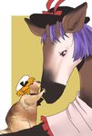  blonde_hair bow hat hat_bow hat_ribbon kiss luna_child nagae_iku no_humans okapi_(animal) onikobe_rin prairie_dog purple_hair red_eyes ribbon simple_background touhou white_background yellow_background 